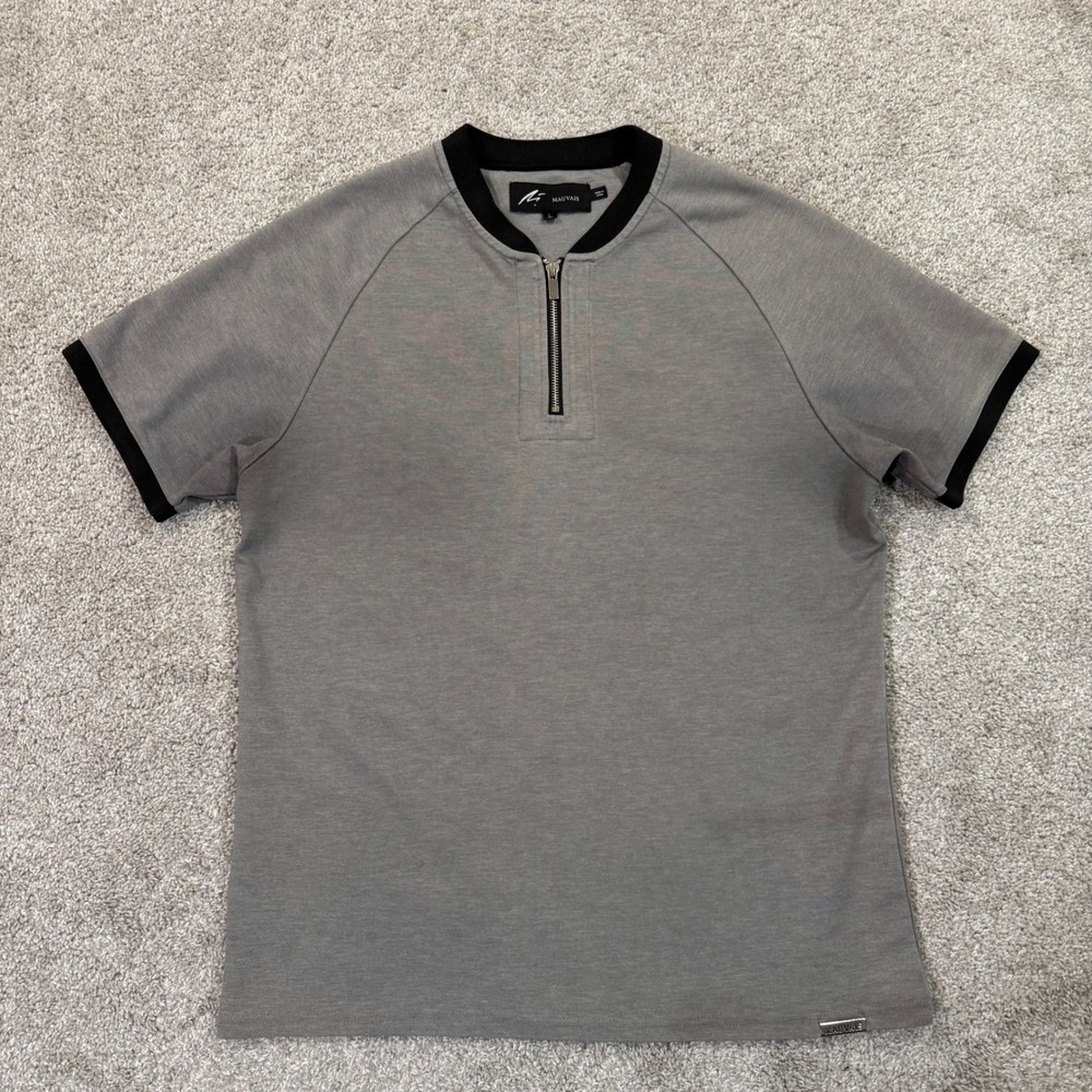 Mauvais Mens L Grey 1/4 Zip Short Sleeve Polo Shirt Black Trim‎ Collarless
